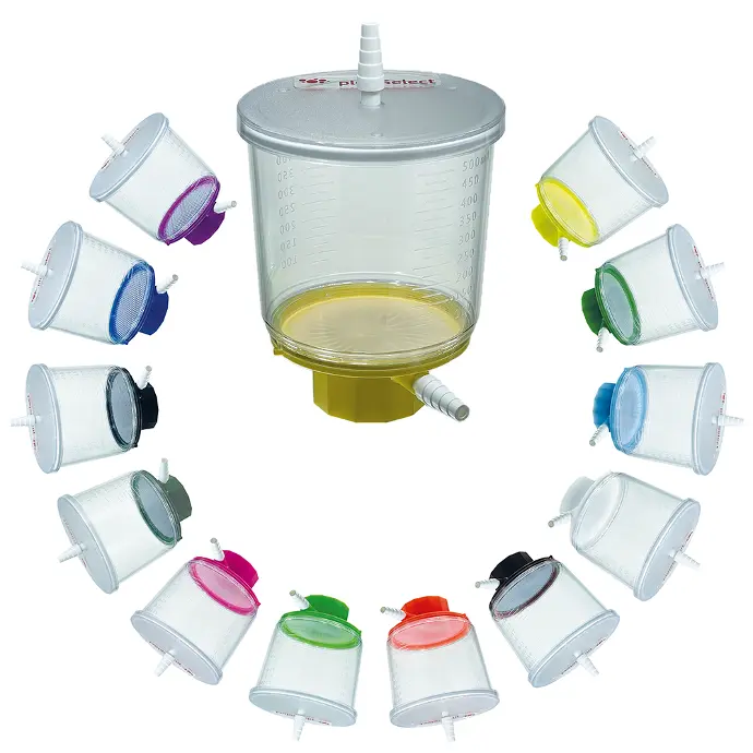pluriStrainer Maxi 5 µm, mit gelben Housing und transparentem 500 ml Reservoir, sind in 12 weiteren farbcodierten verschiedenen Maschenweiten erhältlich