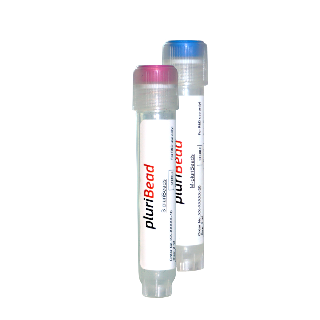 Produktbild pluriBead Human CD14. Lila Deckel S-pluriBeads, blauer Deckel M-pluriBeads pluriBead Human CD14 cell separation for the positive enrichment of human CD14 positive monocytes from human sample material.